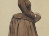 painting of a woman in a brown dress and hat with a hat on her head