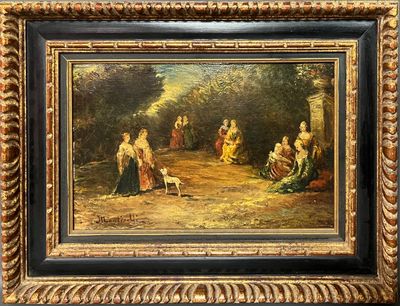 une peinture à l'huile représentant un groupe de personnes dans un cadre boisé