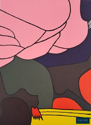 an image of a painting of a yellow car with a pink sky in the background