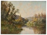 l'image d'une peinture représentant une rivière avec des arbres en arrière-plan