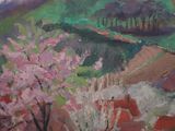 an oil painting of a landscape with a tree in the foreground and hills in the background