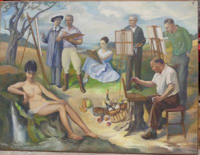 a painting of a group of people in a field