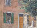 an oil painting of a house with a bridge in front of it