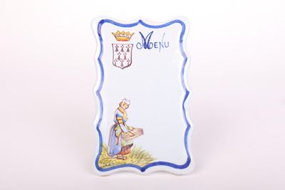 a picture of a card with a picture of a woman holding a basket