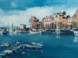 une peinture de bateaux dans un port avec des bâtiments à l'arrière-plan