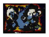 tableau représentant deux pandas dans un cadre coloré sur fond noir