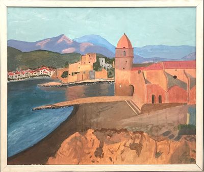 un tableau représentant une vue d'une ville au bord de l'eau