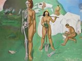 un tableau représentant un homme et une femme dans un champ, en compagnie d'un squelette