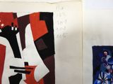 two paintings on the wall of a room one has a drawing of a man and the other has a drawing of a woman