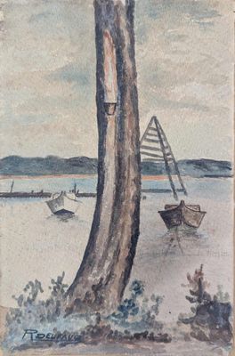 a picture of a painting of a boat on the water