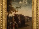 an oil painting of a group of people standing in front of a building