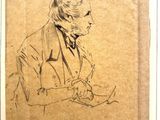 un vieux dessin représentant un homme en costume en train d'écrire sur une feuille de papier
