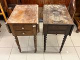 two wooden tables that are sitting on a tile floor