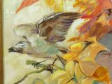 a painting of a bird sitting on a branch of a tree