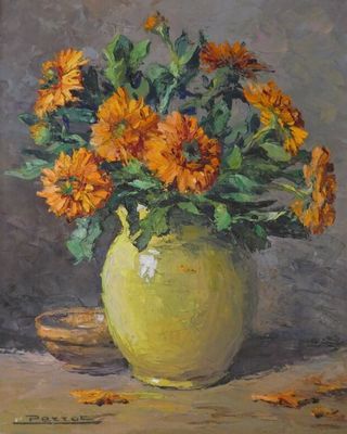 painting of yellow flowers in a green vase on a table