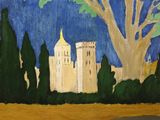 peinture représentant un tableau d'un château avec des arbres au premier plan