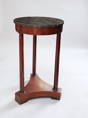 an image of a wooden table with a marble top on a white background