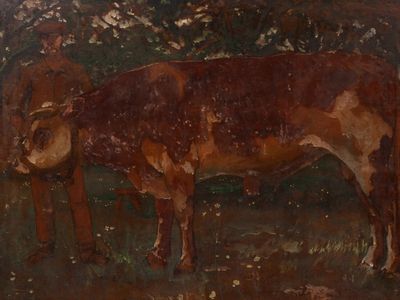 un tableau représentant une vache debout dans un champ