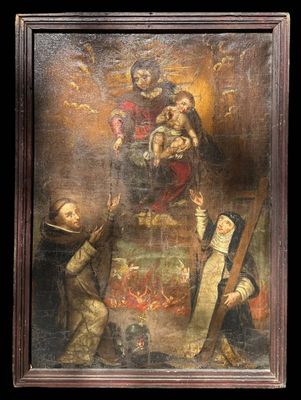 Vierge à l'enfant surplombant l'enfer entourée de Saints