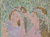 painting of two girls in a field with flowers in their hair