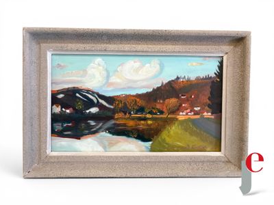 peinture à l'huile encadrée représentant un paysage avec une rivière et une maison
