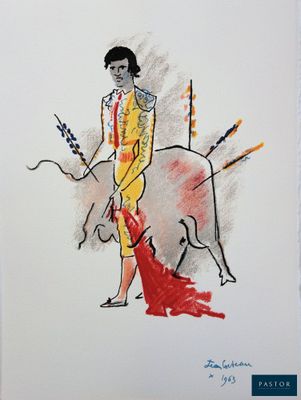 tableau représentant un homme en costume jaune, avec une cape rouge et un taureau