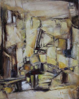 an oil painting of a kitchen with a table and chairs