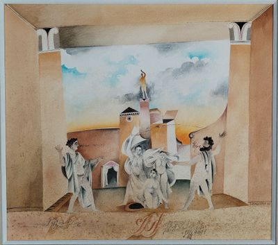 une peinture représentant un groupe de personnes devant un bâtiment