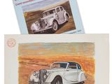 une peinture représentant une vieille voiture et une carte postale sur laquelle figure cette voiture