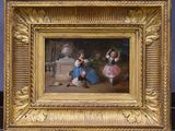 a picture of a painting of two girls in a park