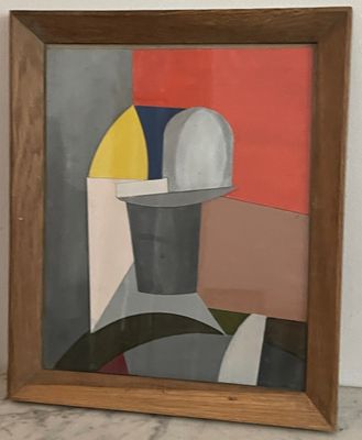 tableau représentant un homme coiffé d'un chapeau, assis à une table à côté d'un vase