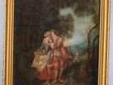 an oil painting of two women in a wooded setting