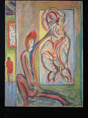 tableau représentant une femme et un enfant devant un tableau représentant un homme et une femme