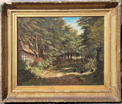 une peinture à l'huile représentant une route de campagne avec une maison à l'arrière-plan