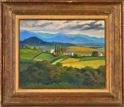 un tableau représentant un paysage avec des collines et des maisons au loin