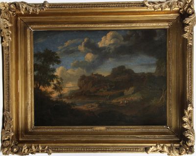 a painting of a landscape with a castle in the distance