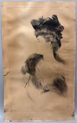 un vieux dessin représentant une femme vêtue d'un manteau de fourrure et d'un chapeau