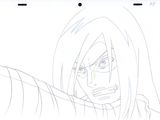 drawing of a man with long hair holding a knife in one hand and a knife in the other