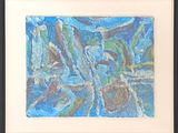 painting of a blue and green abstract painting in a black frame