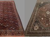 two oriental rugs, one with a diamond design and one with a diamond design, on a grey background