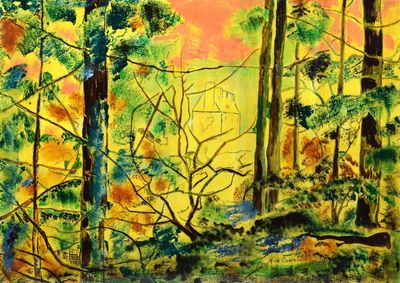tableau représentant une scène forestière avec des arbres et un ruisseau