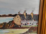 a picture of a painting of a house by the water