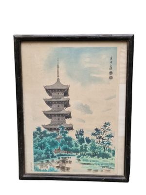 une image représentant une peinture d'une pagode au milieu d'un lac