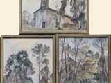 three paintings of trees and a church in a wooded area