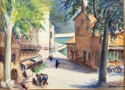 a painting of a street scene with people walking down it