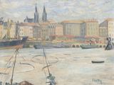 a painting of boats in a harbor with buildings in the background