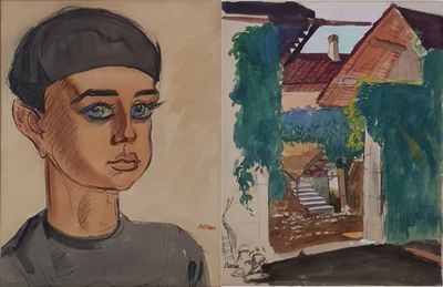 painting of a boy with a cap and a house in the background