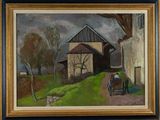 an oil painting of a farm scene with a horse and buggy