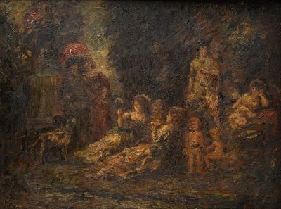 an image of a painting of a group of people in a forest