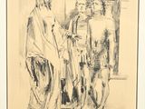 drawing of a man standing next to a woman and a man in a bathrobe